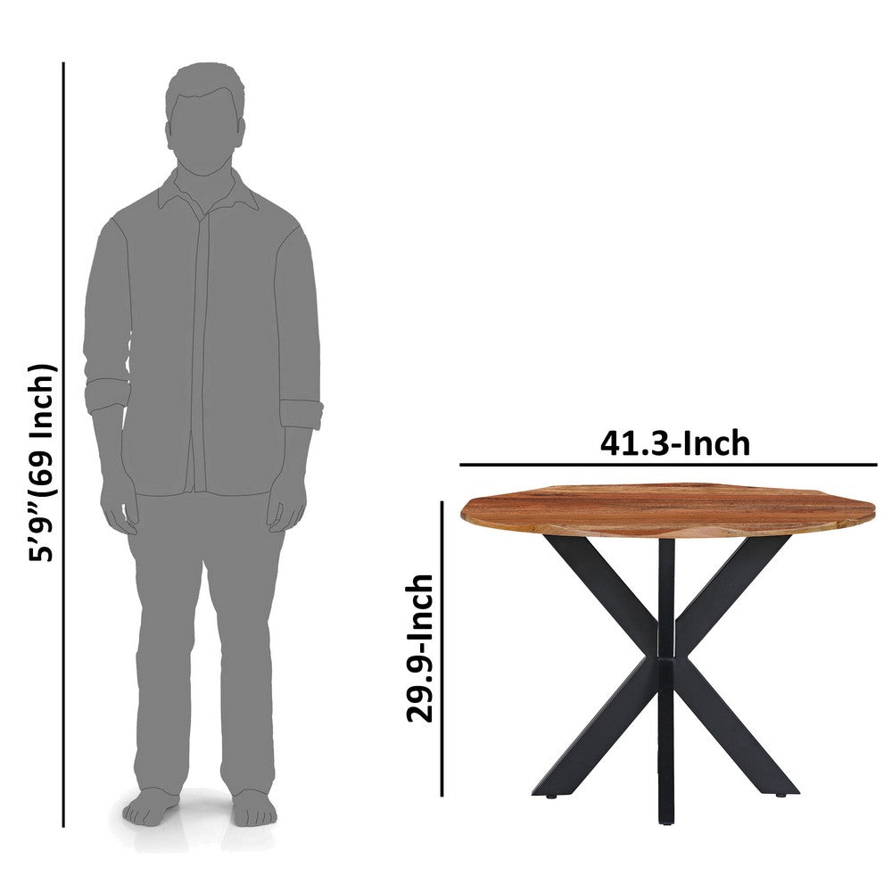 Kuri 41 Inch Handcrafted Live Edge Round Dining Table with a Natural Brown Acacia Wood Top and Black Iron Legs By The Urban Port