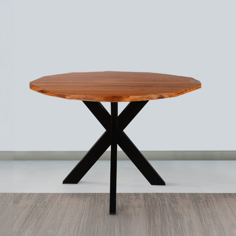Kuri 41 Inch Handcrafted Live Edge Round Dining Table with a Natural Brown Acacia Wood Top and Black Iron Legs By The Urban Port