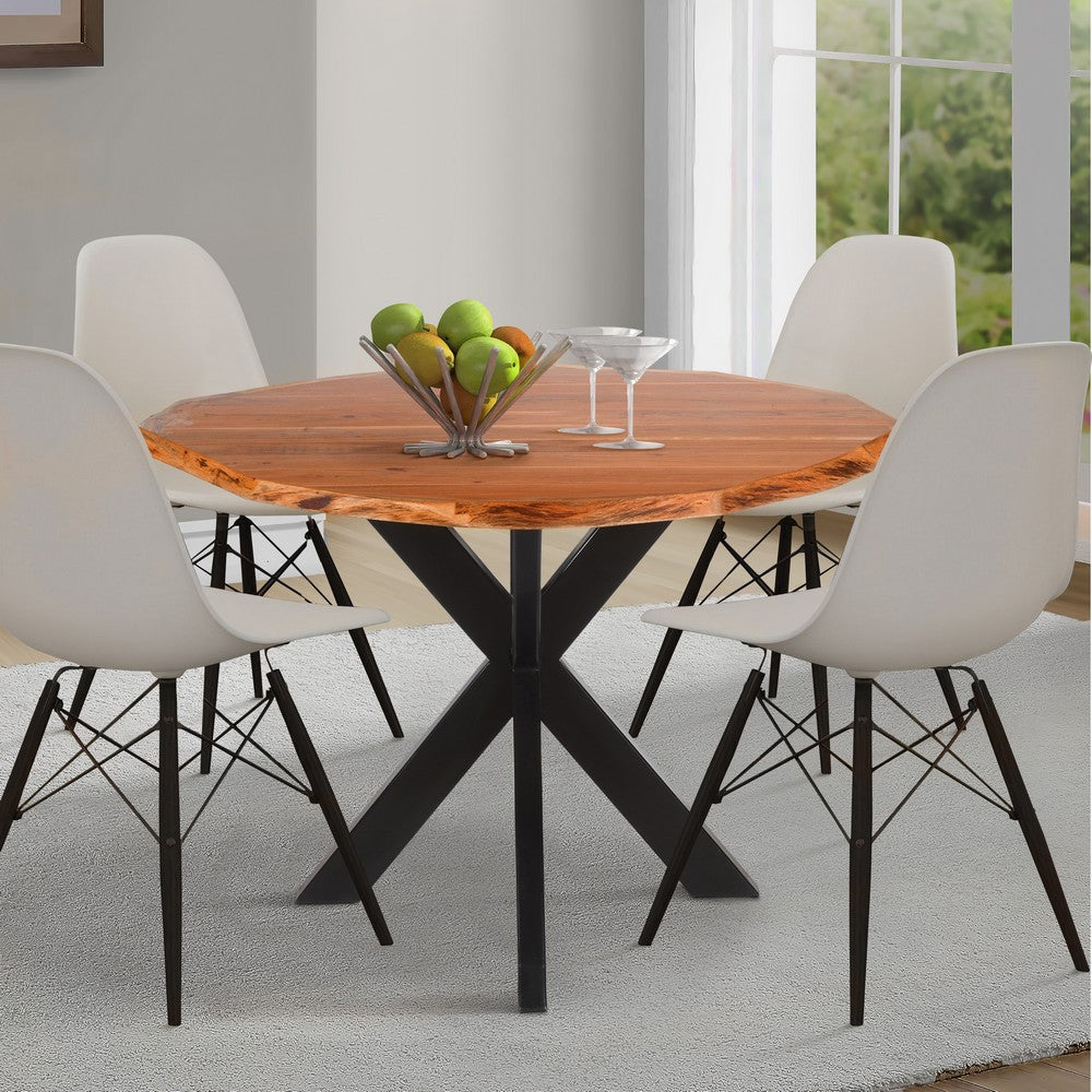 Kuri 41 Inch Handcrafted Live Edge Round Dining Table with a Natural Brown Acacia Wood Top and Black Iron Legs By The Urban Port