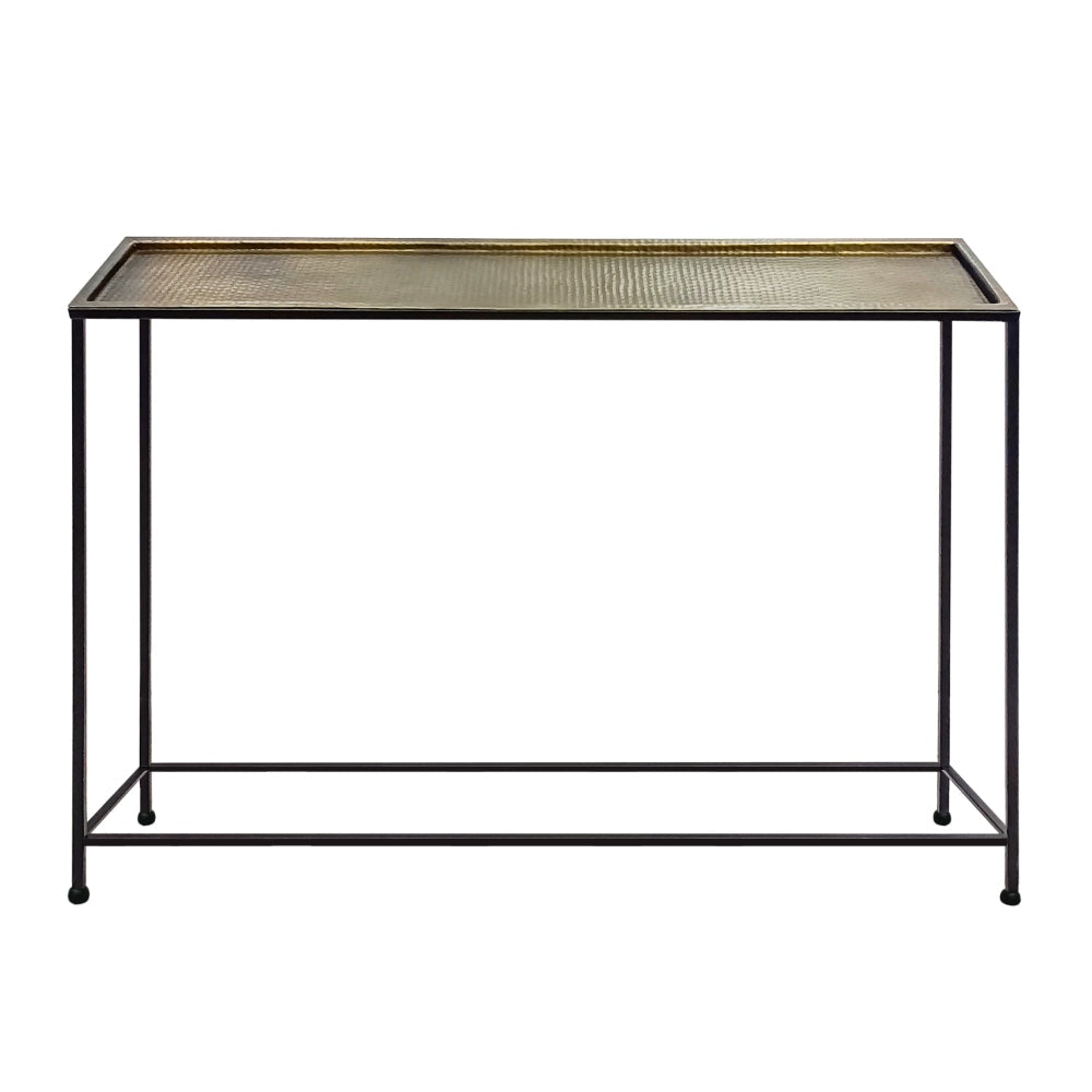 Aurelia 48 Inch Console Sofa Table Artisanal Hammered Antique Bronze Tray Top Industrial Black Iron Frame By The Urban Port UPT-286692