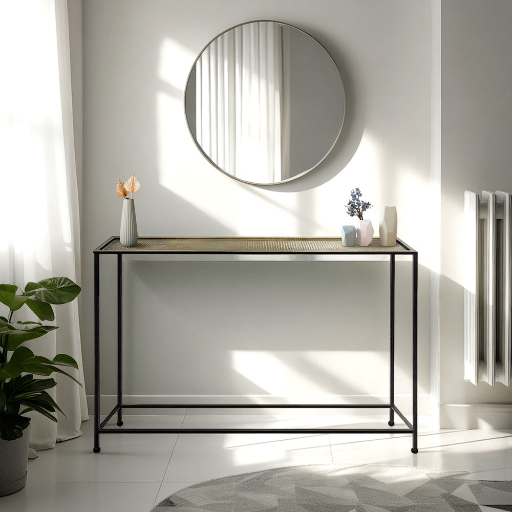 Aurelia 48 Inch Thin Console Sofa Table, Hammered Antique Bronze Tray Top, Narrow Black Iron Frame By The Urban Port
