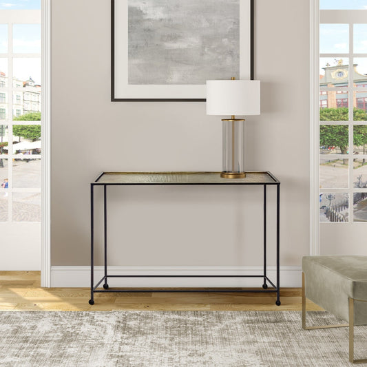 Aurelia console sofa Table, Artisanal Hammered Antique Bronze Tray Top, Industrial Black Iron Frame By The Urban Port