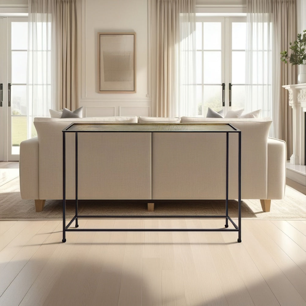 Aurelia 48 Inch Thin Console Sofa Table, Hammered Antique Bronze Tray Top, Narrow Black Iron Frame By The Urban Port