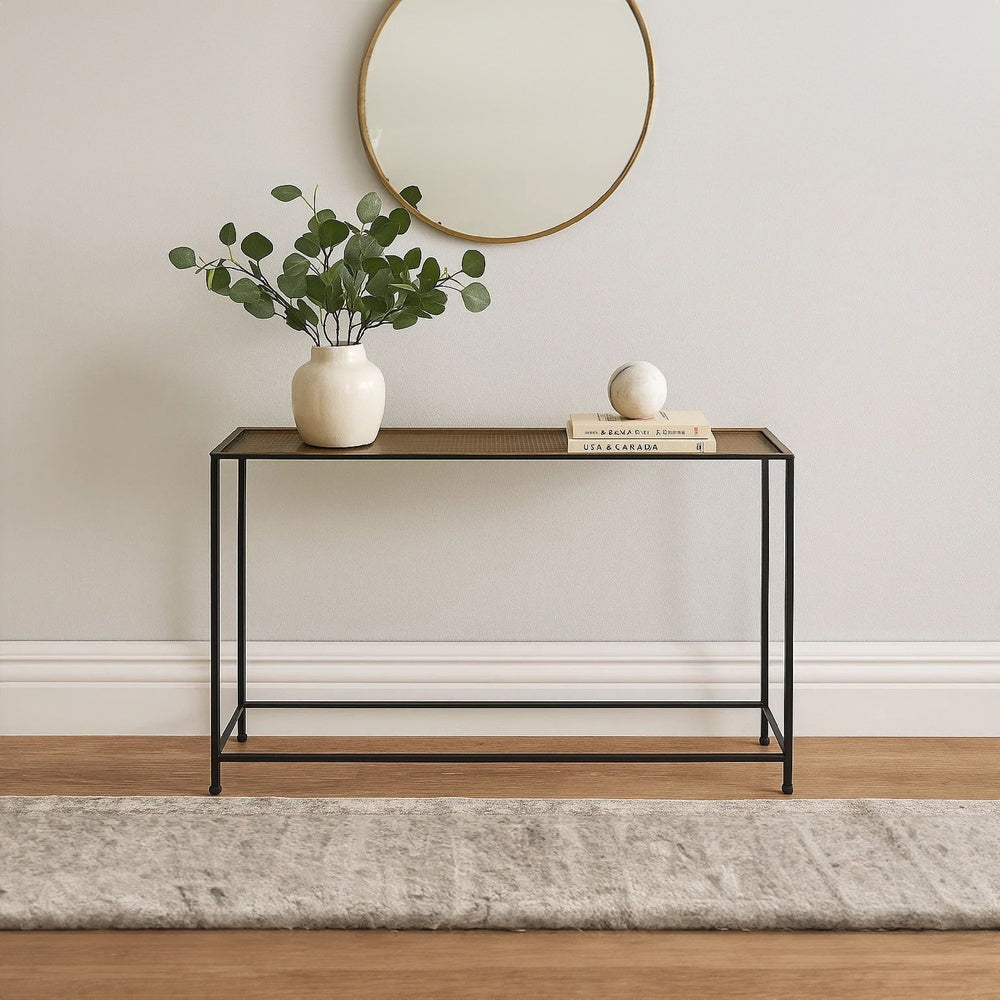 Aurelia 48 Inch Thin Console Sofa Table, Hammered Antique Bronze Tray Top, Narrow Black Iron Frame By The Urban Port