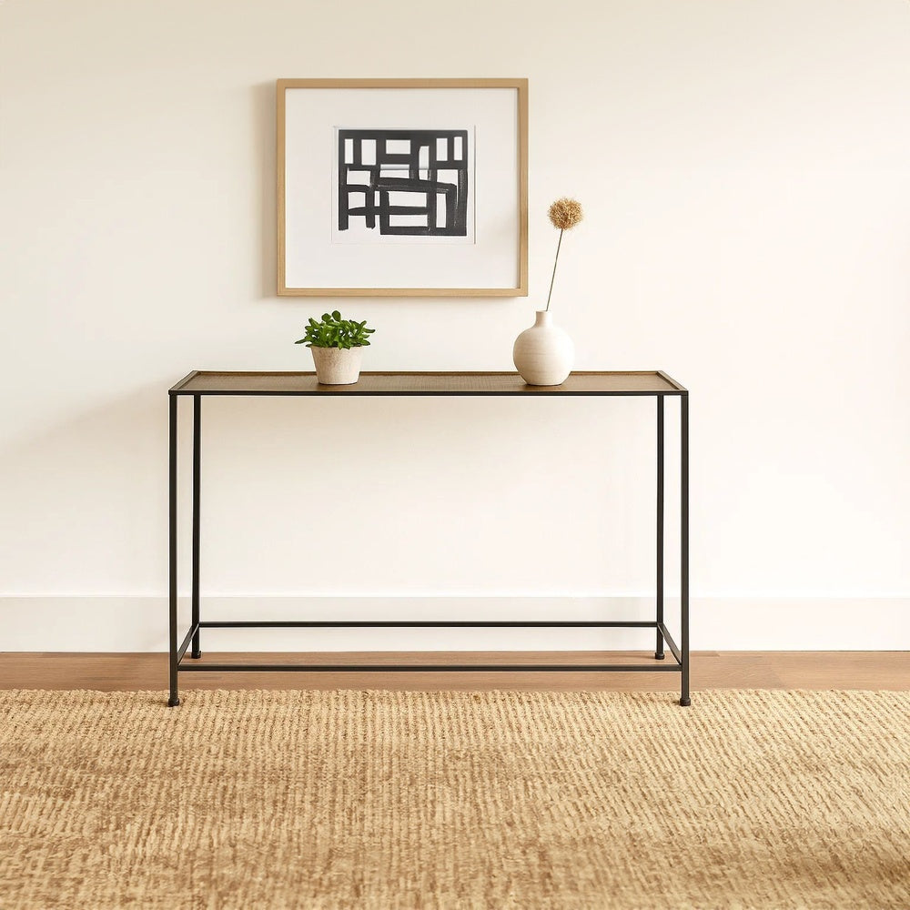 Aurelia 48 Inch Thin Console Sofa Table, Hammered Antique Bronze Tray Top, Narrow Black Iron Frame By The Urban Port