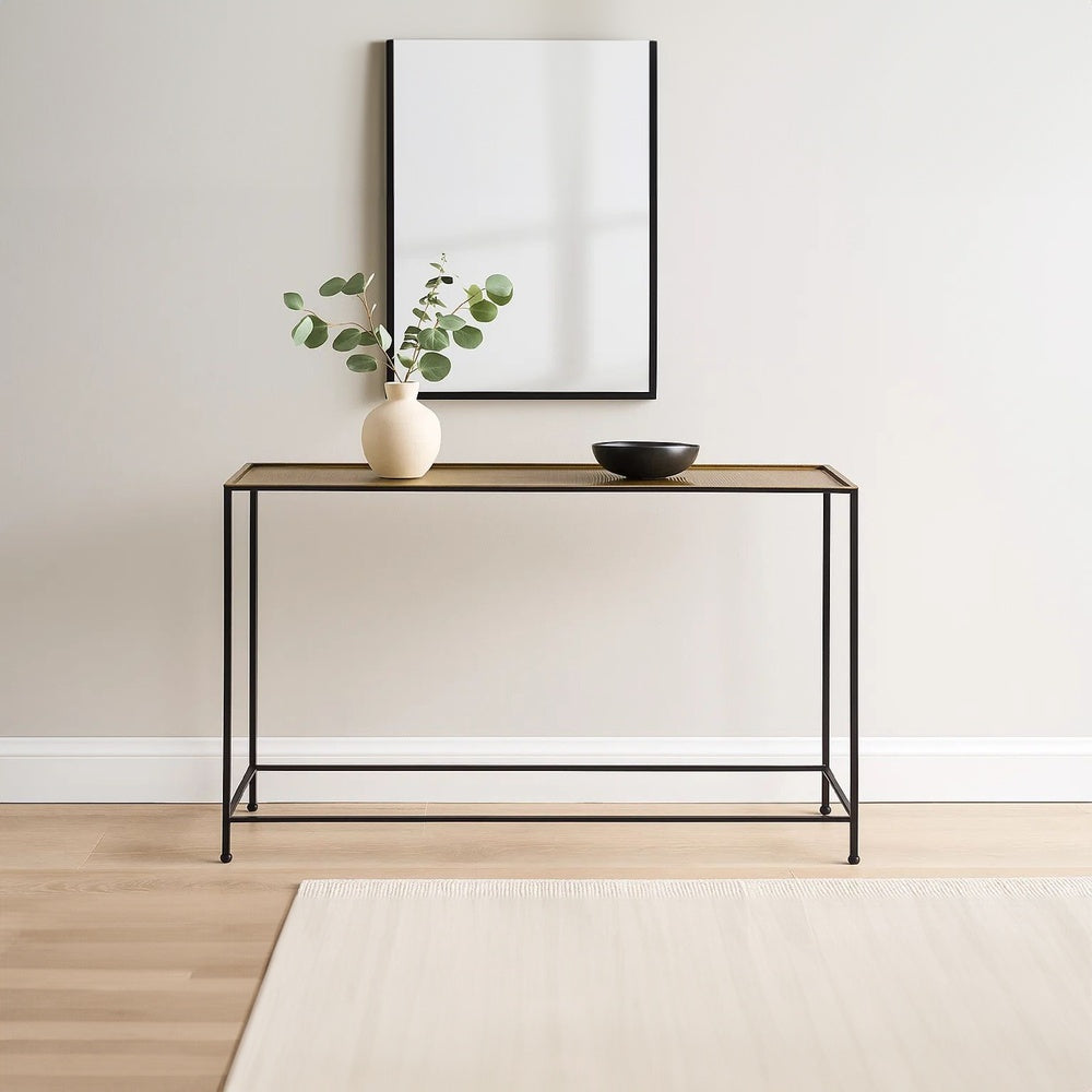 Aurelia 48 Inch Thin Console Sofa Table, Hammered Antique Bronze Tray Top, Narrow Black Iron Frame By The Urban Port