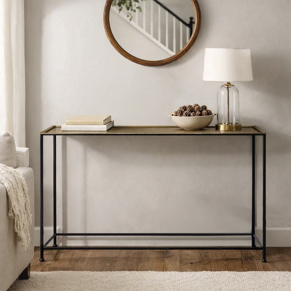 Aurelia 48 Inch Thin Console Sofa Table, Hammered Antique Bronze Tray Top, Narrow Black Iron Frame By The Urban Port