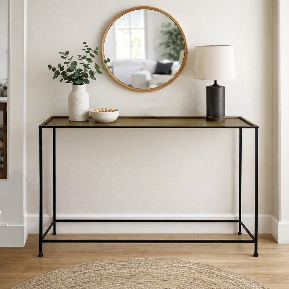 Aurelia 48 Inch Thin Console Sofa Table, Hammered Antique Bronze Tray Top, Narrow Black Iron Frame By The Urban Port