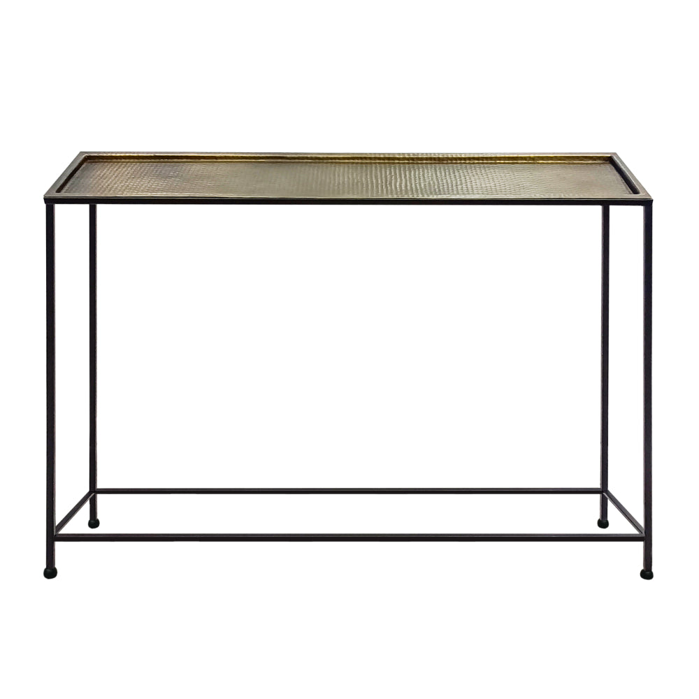 Aurelia 48 Inch Console Sofa Table Artisanal Hammered Antique Bronze Tray Top Industrial Black Iron Frame By The Urban Port UPT-286692