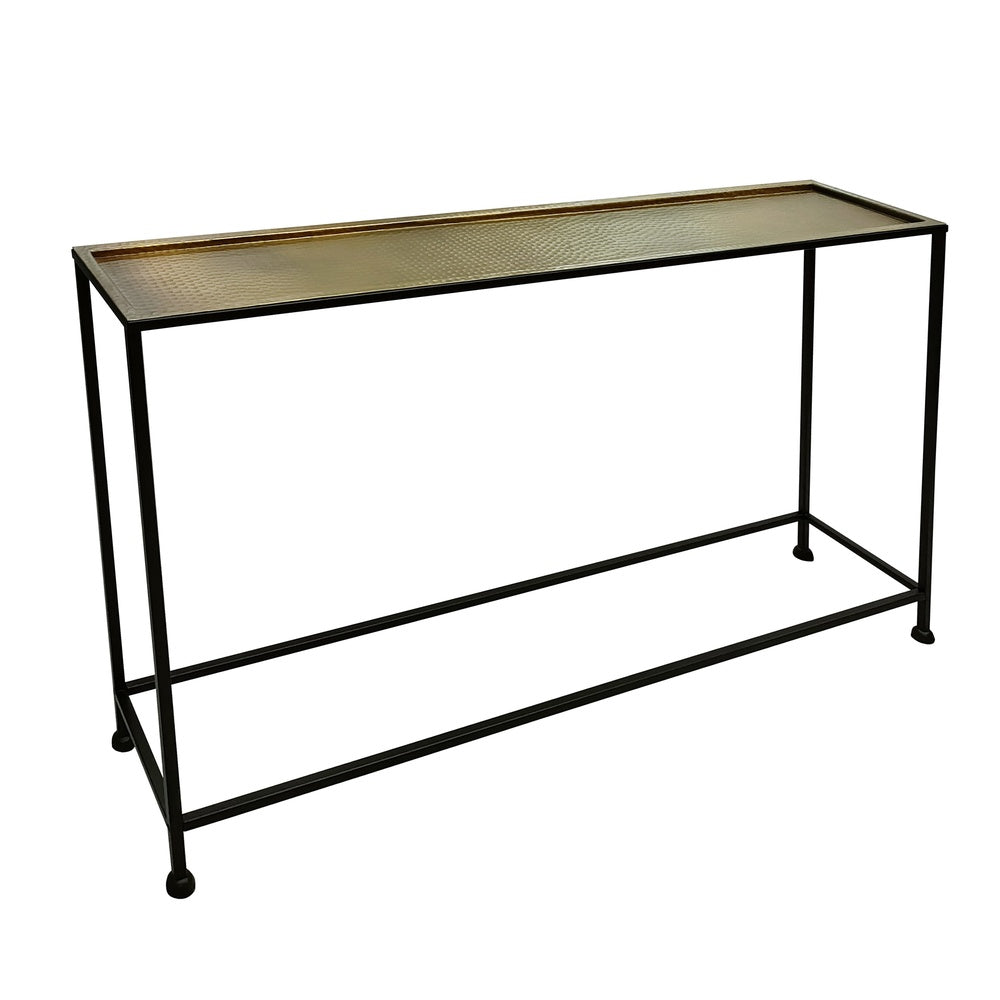 Aurelia 48 Inch Thin Console Sofa Table, Hammered Antique Bronze Tray Top, Narrow Black Iron Frame By The Urban Port