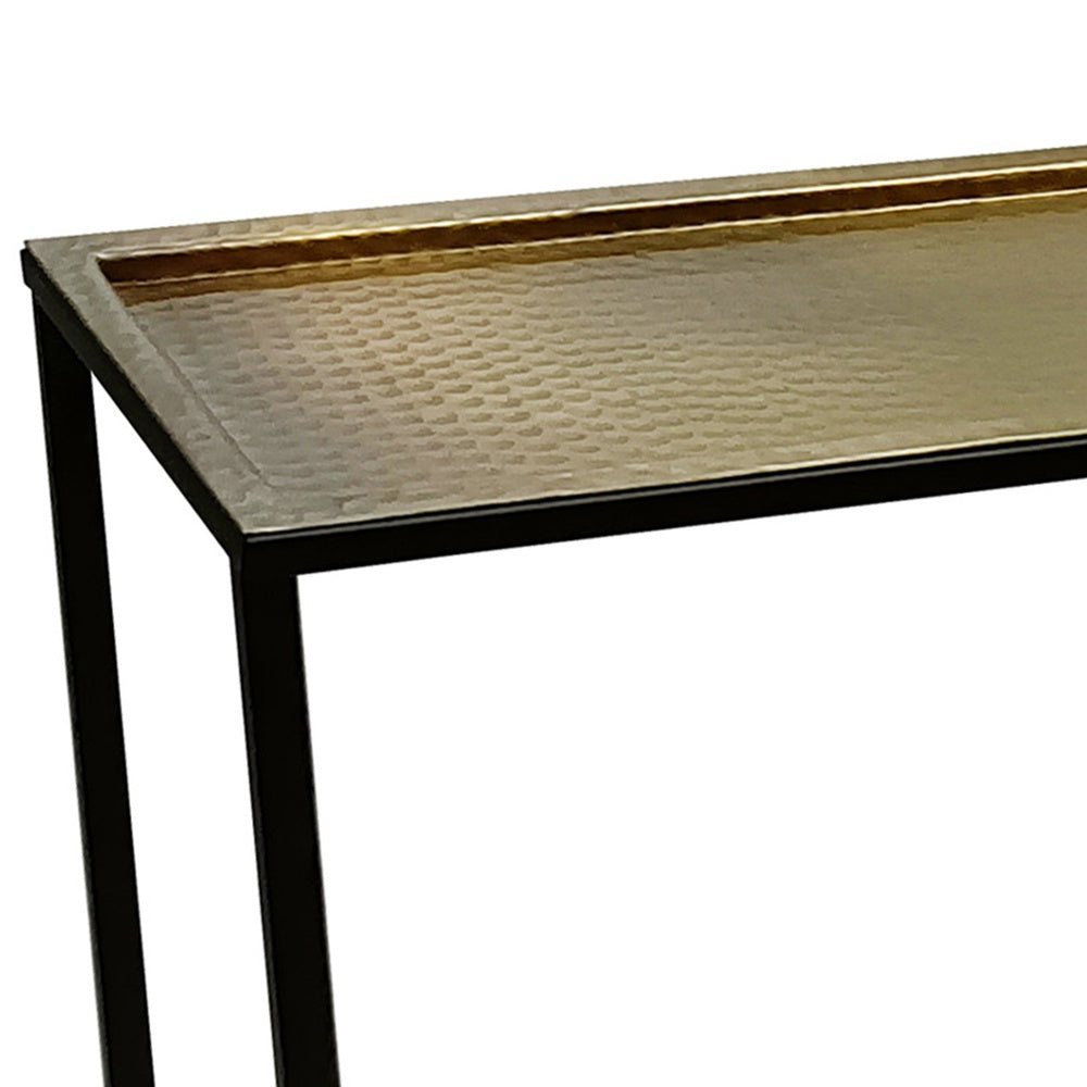 Aurelia 48 Inch Thin Console Sofa Table, Hammered Antique Bronze Tray Top, Narrow Black Iron Frame By The Urban Port