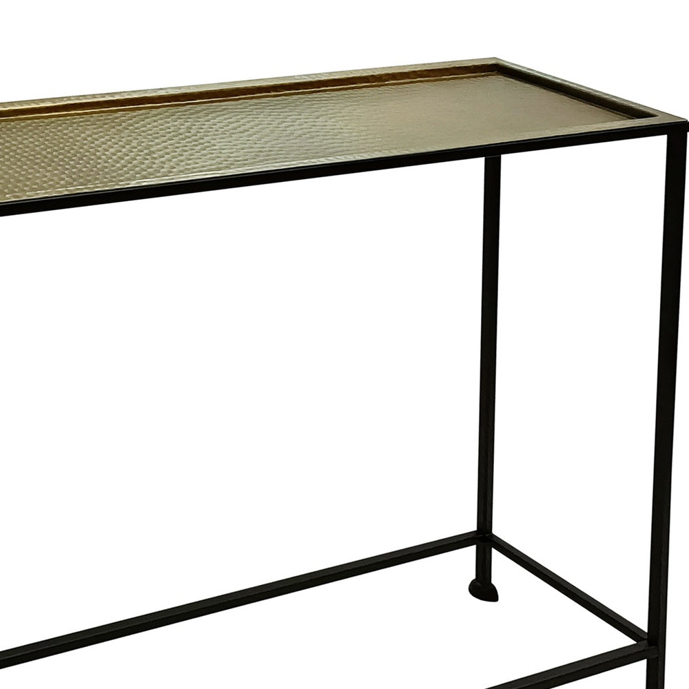 Aurelia 48 Inch Thin Console Sofa Table, Hammered Antique Bronze Tray Top, Narrow Black Iron Frame By The Urban Port