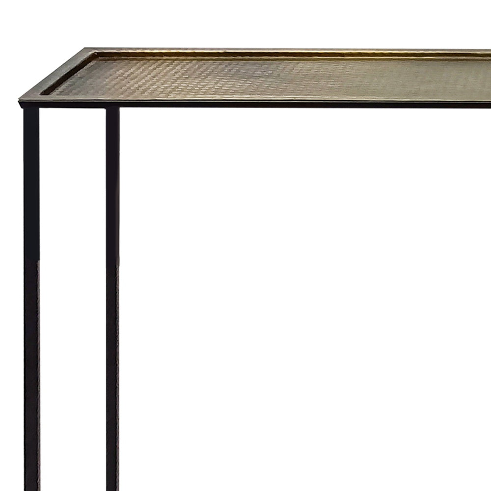 Aurelia 48 Inch Thin Console Sofa Table, Hammered Antique Bronze Tray Top, Narrow Black Iron Frame By The Urban Port
