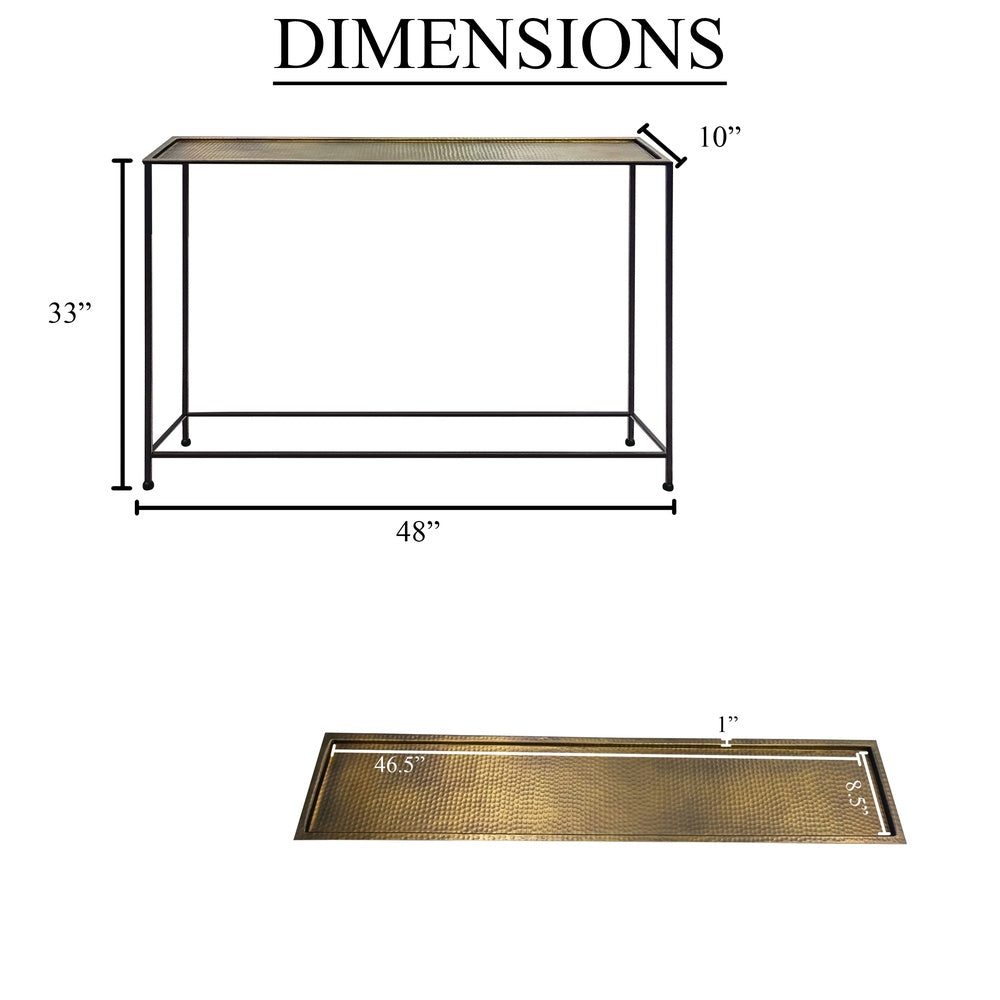 Aurelia 48 Inch Thin Console Sofa Table, Hammered Antique Bronze Tray Top, Narrow Black Iron Frame By The Urban Port
