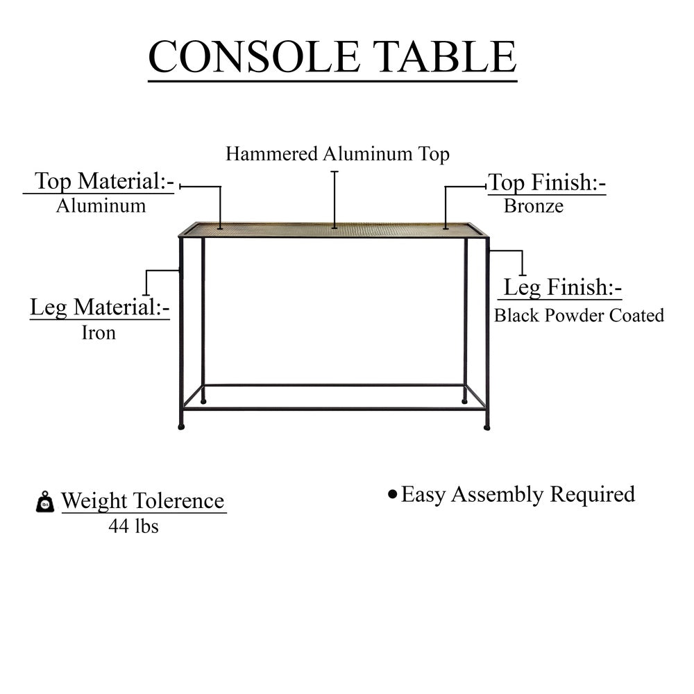 Aurelia 48 Inch Thin Console Sofa Table, Hammered Antique Bronze Tray Top, Narrow Black Iron Frame By The Urban Port