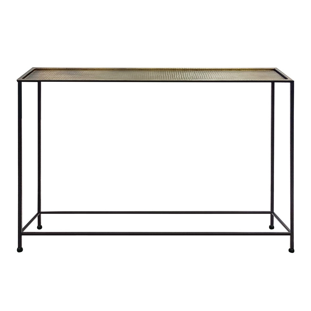Aurelia 48 Inch Thin Console Sofa Table, Hammered Antique Bronze Tray Top, Narrow Black Iron Frame By The Urban Port