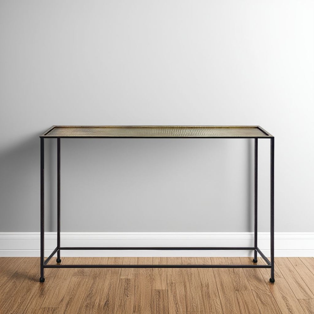 Aurelia 48 Inch Thin Console Sofa Table, Hammered Antique Bronze Tray Top, Narrow Black Iron Frame By The Urban Port