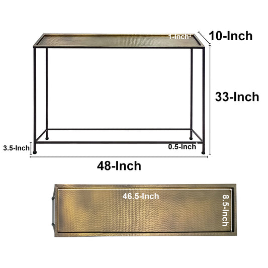 Aurelia 48 Inch Console Sofa Table, Artisanal Hammered Antique Bronze Tray Top, Industrial Black Iron Frame By The Urban Port