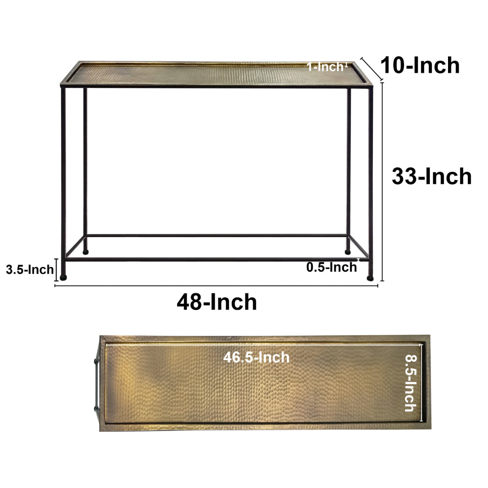 Aurelia 48 Inch Console Sofa Table, Artisanal Hammered Antique Bronze Tray Top, Industrial Black Iron Frame By The Urban Port
