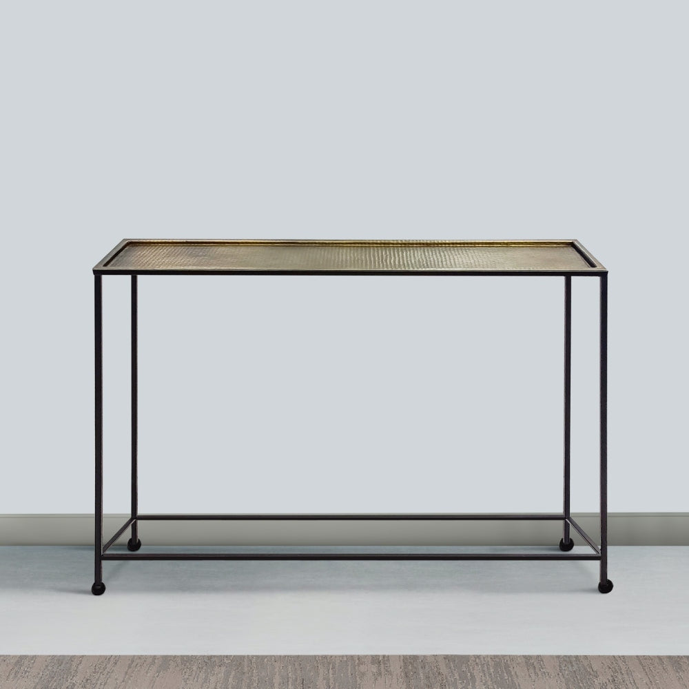 Aurelia 48 Inch Console Sofa Table Artisanal Hammered Antique Bronze Tray Top Industrial Black Iron Frame By The Urban Port UPT-286692