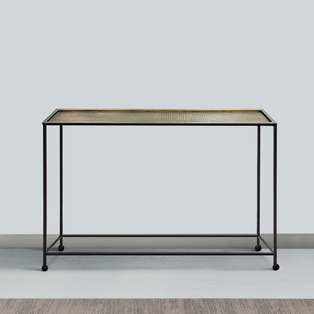 Aurelia 48 Inch Thin Console Sofa Table, Hammered Antique Bronze Tray Top, Narrow Black Iron Frame By The Urban Port