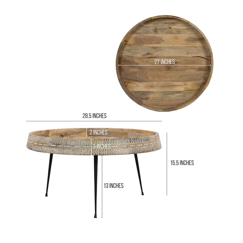 Gia 29 Inch Modern Handcrafted Round Coffee Table Natural Brown Wood Top with Carved Edge Black Iron Legs By The Urban Port UPT-293094