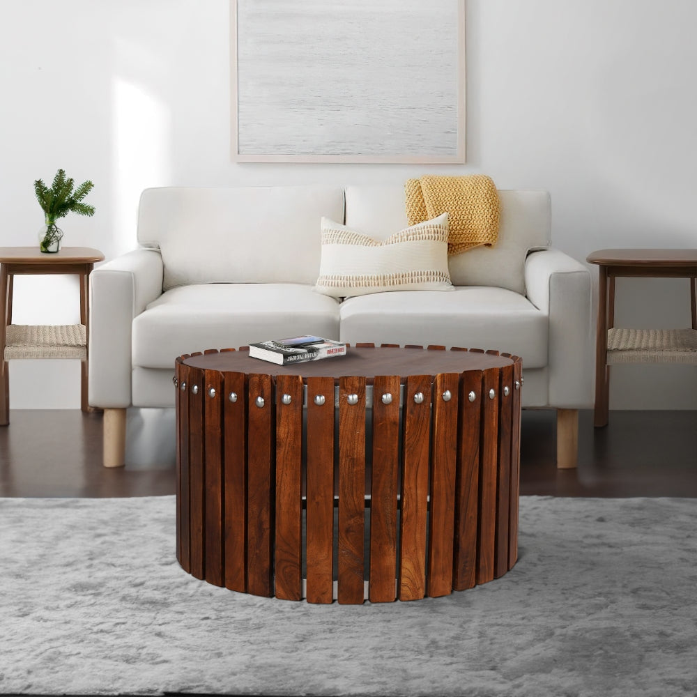 Myla 31 Inch Handcrafted Round Coffee Table with Vertical Planks Iron Rivets Dark Walnut Brown Acacia Wood By The Urban Port UPT-293096