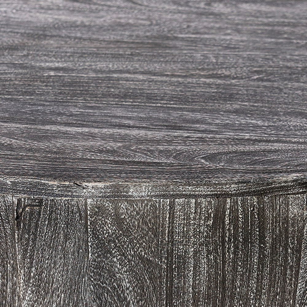 Arthur 36 Inch Farmhouse Style Handcrafted Mango Wood Coffee Table, Round Drum Shape, Sandblasted Black The Urban Port