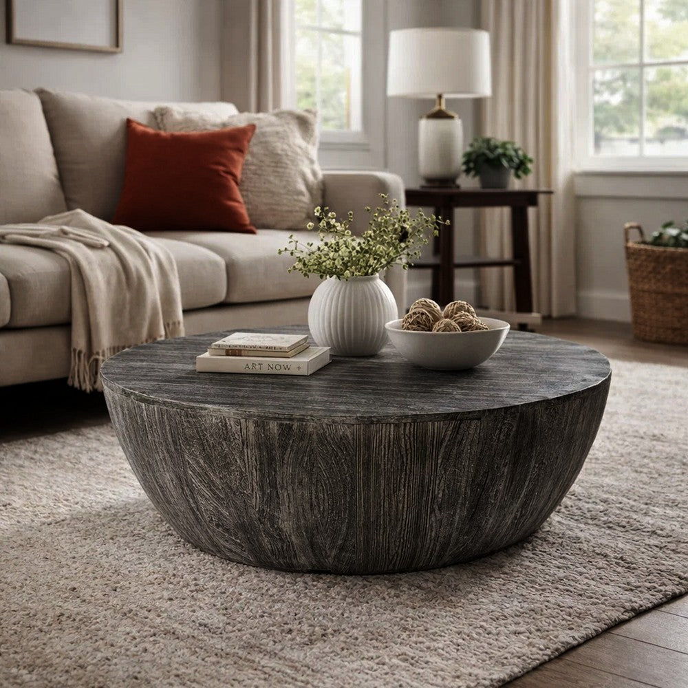 Arthur 36 Inch Farmhouse Style Handcrafted Mango Wood Coffee Table, Round Drum Shape, Sandblasted Black The Urban Port