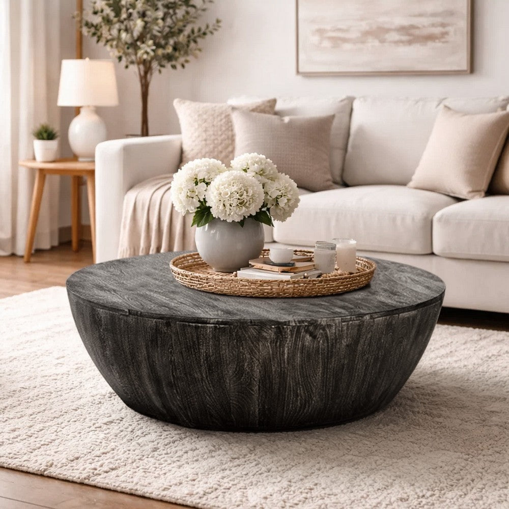Arthur 36 Inch Farmhouse Style Handcrafted Mango Wood Coffee Table, Round Drum Shape, Sandblasted Black The Urban Port