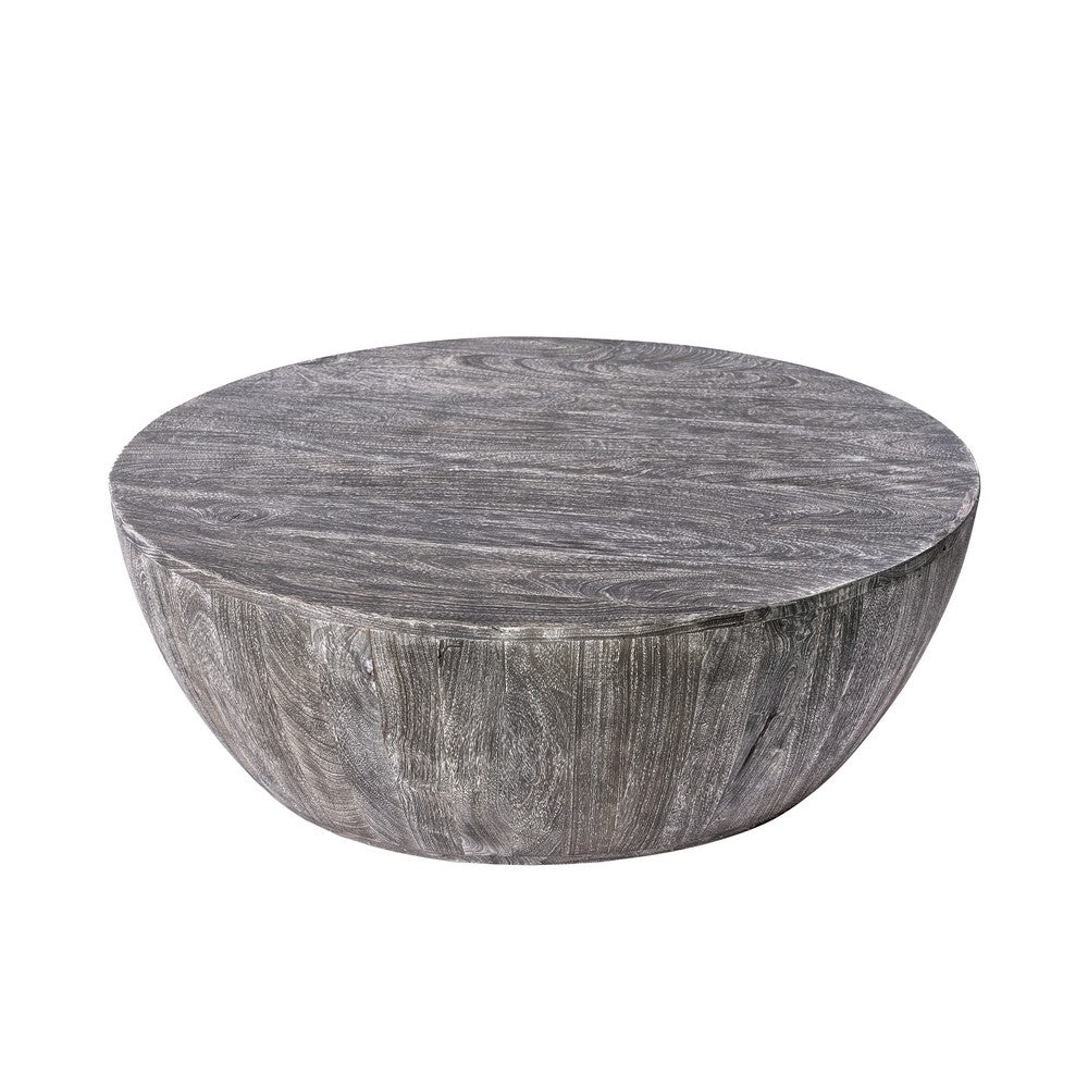 Arthur 36 Inch Farmhouse Style Handcrafted Mango Wood Coffee Table, Round Drum Shape, Sandblasted Black The Urban Port