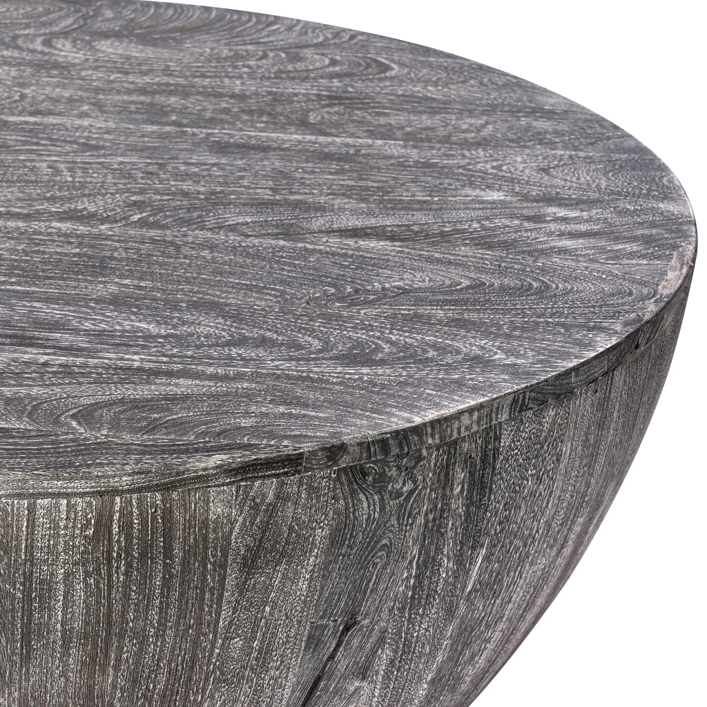 Arthur 36 Inch Farmhouse Style Handcrafted Mango Wood Coffee Table, Round Drum Shape, Sandblasted Black The Urban Port