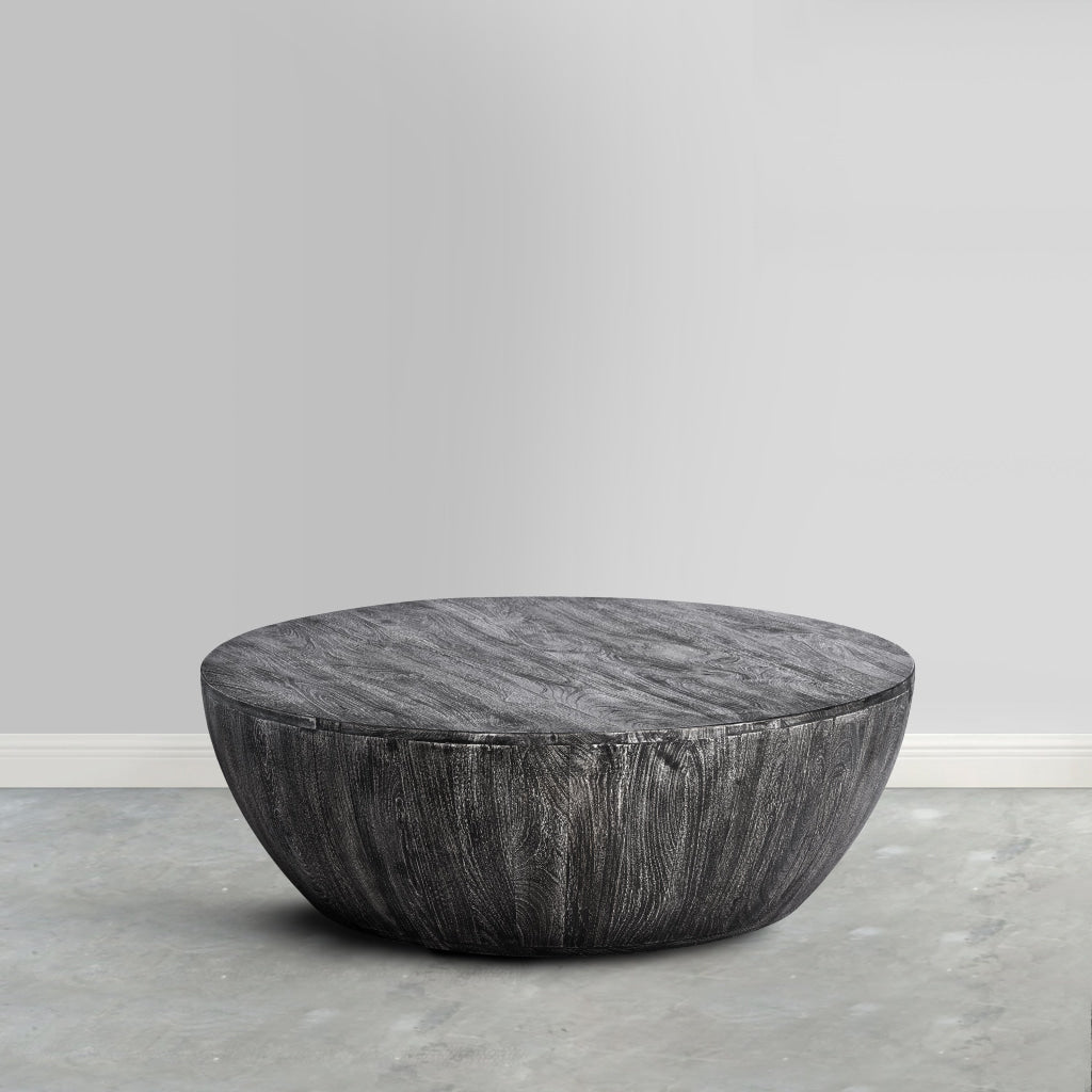 Arthur 36 Inch Farmhouse Style Handcrafted Mango Wood Coffee Table, Round Drum Shape, Sandblasted Black The Urban Port