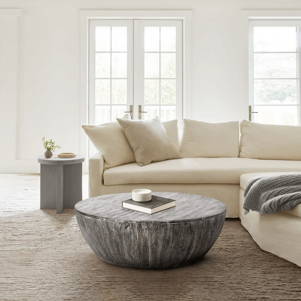 Arthur 36 Inch Farmhouse Style Handcrafted Mango Wood Coffee Table, Round Drum Shape, Sandblasted Black The Urban Port