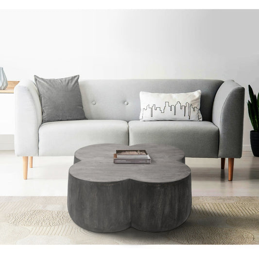 36 Inch Artisanal Classic Coffee Table, Clover Leaf Drum Shaped Mango Wood Frame, Gray By The Urban Port
