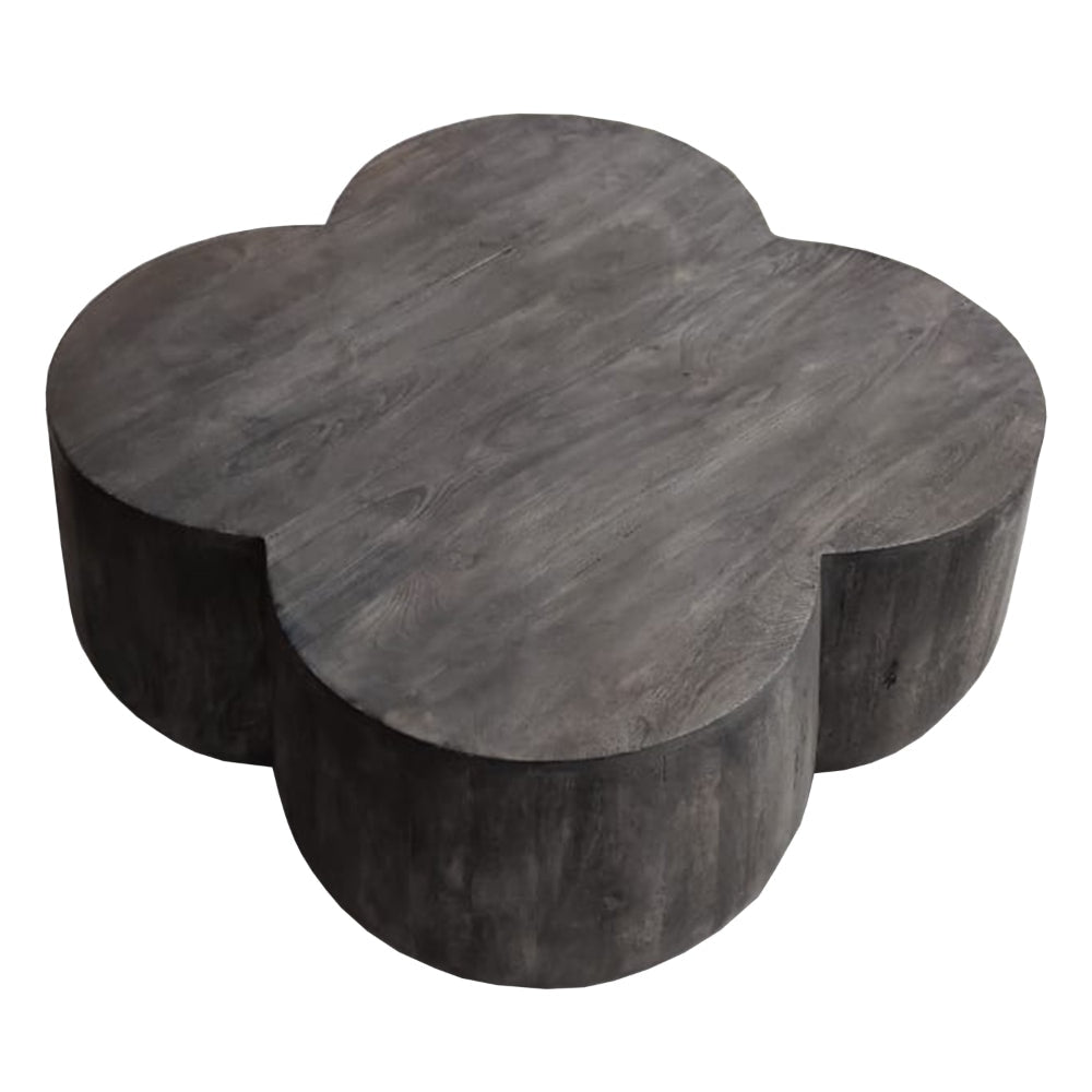 36 Inch Artisanal Classic Coffee Table Clover Leaf Drum Shaped Mango Wood Frame Gray By The Urban Port UPT-293346