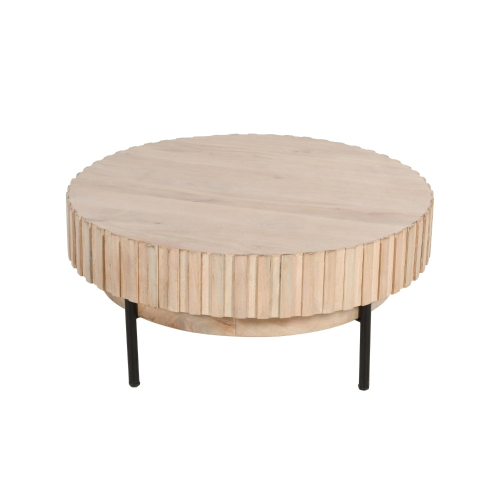 36 Inch Modern Handcrafted Round Coffee Table Oak White Wood Top with Grooved Edges Black Iron Legs By The Urban Port UPT-293347