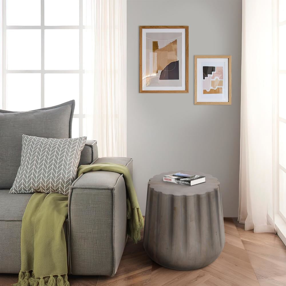 22 Inch Side End Table, Mango Wood Drum Shape with Handcrafted Grooved Edges, Gray The Urban Port