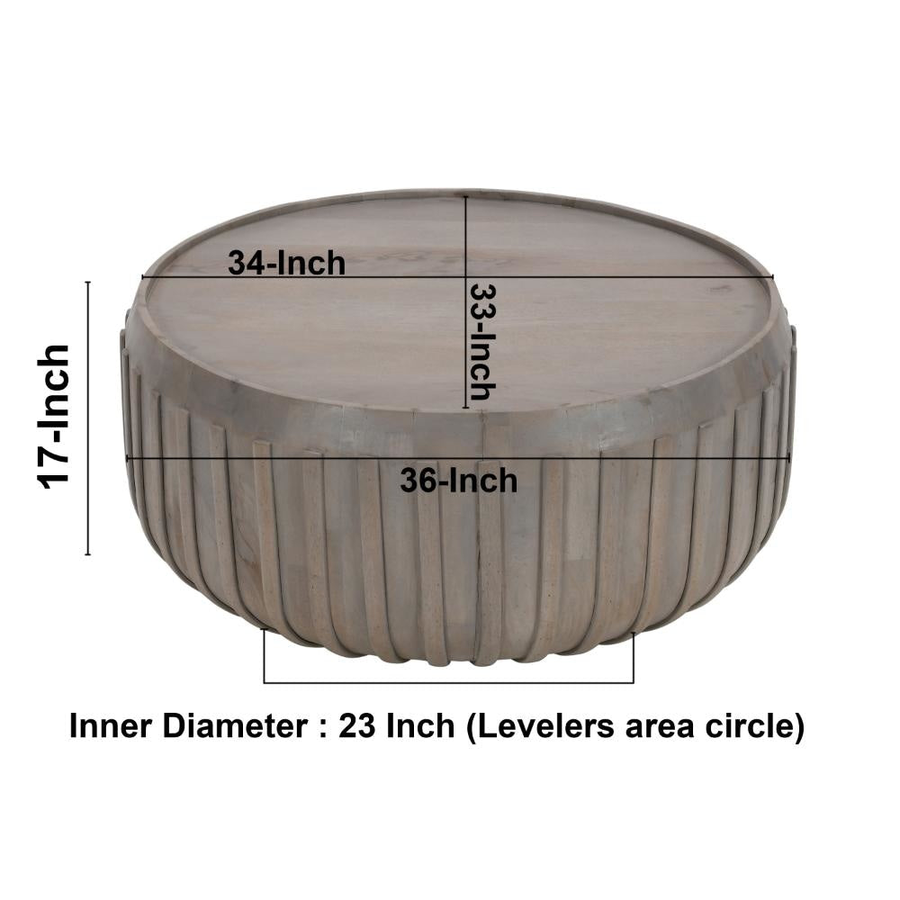 Alisha 36 Inch Coffee Table Handcrafted Drum Shape with Ribbed Edges Gray Mango Wood The Urban Port UPT-293349