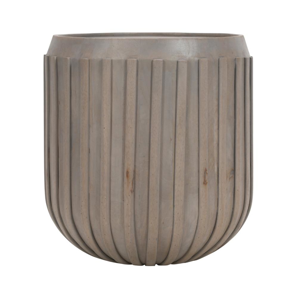 Alisha 25 Inch Side End Table Handcrafted Mango Wood Drum Shape with Ribbed Edges Gray The Urban Port UPT-293350