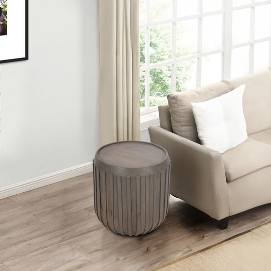 Alisha 25 Inch Side End Table, Handcrafted Mango Wood Drum Shape with Ribbed Edges, Gray The Urban Port