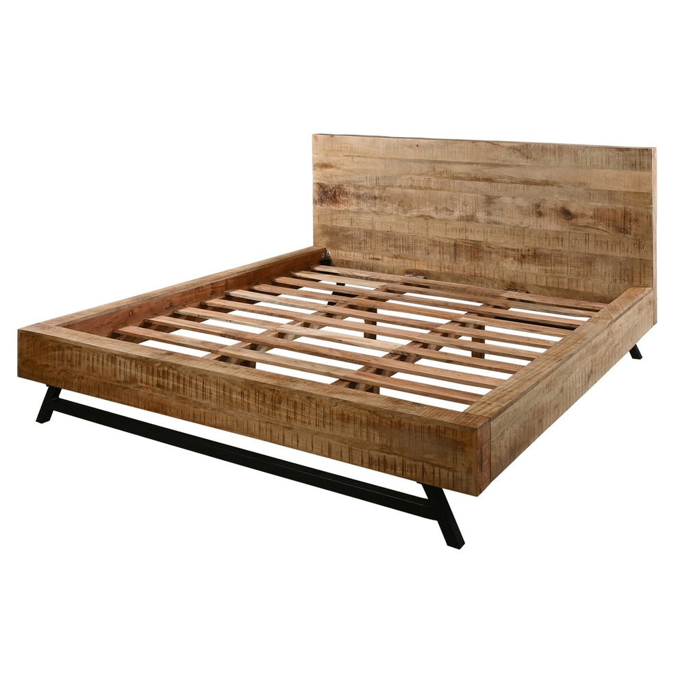 Bree Modern Rustic Queen Size Platform Bed Brown Acacia & Mango Wood Frame Black Iron Angled Legs By The Urban Port
