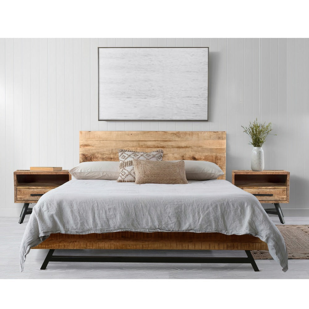 Bree Modern Rustic Queen Size Platform Bed Brown Acacia & Mango Wood Frame Black Iron Angled Legs By The Urban Port