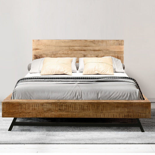 Bree Modern Rustic Queen Size Platform Bed, Brown Acacia & Mango Wood Frame, Black Iron Angled Legs By The Urban Port