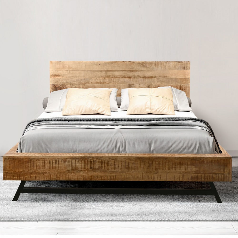 Bree Modern Rustic Queen Size Platform Bed, Brown Acacia & Mango Wood Frame, Black Iron Angled Legs By The Urban Port