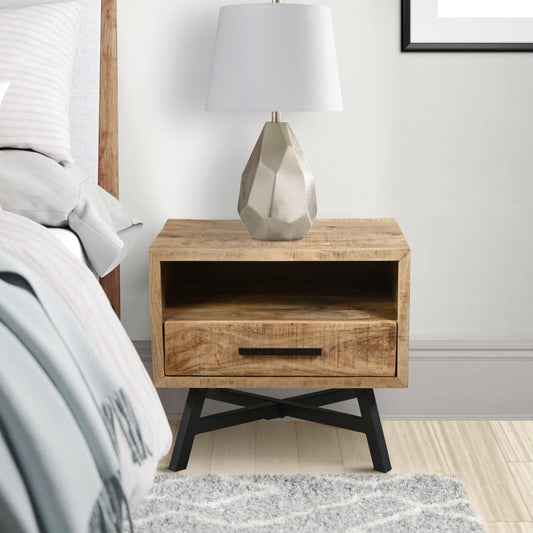 Bree 22 Inch Modern Rustic Single Drawer Nightstand Brown Mango Wood Frame Black Iron Angled Legs By The Urban Port UPT-293424