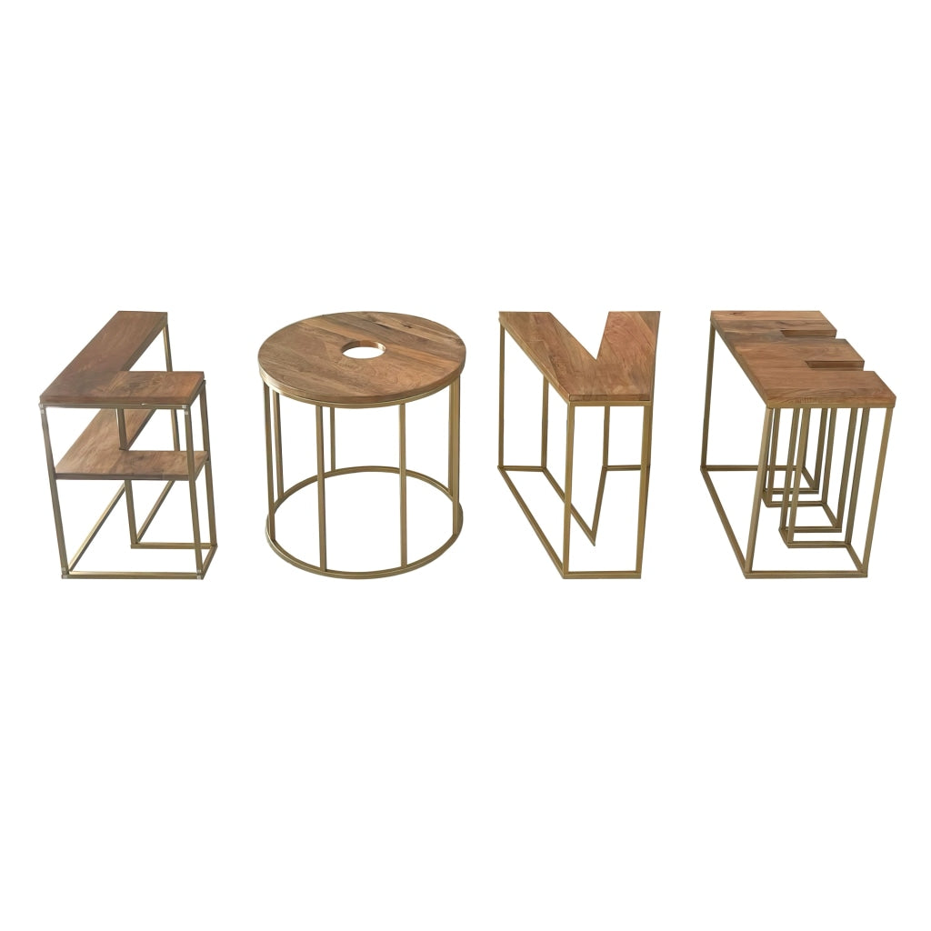 LOVE Alphabet Design 4pc Coffee Table Set Brown Mango Wood Top Antique Brass Base By Casagear Home UPT-293503