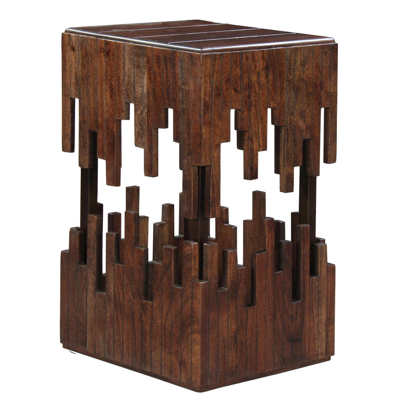 24 Inch Accent Side End Table, Brown Acacia Wood, Slatted Square Top, Handcrafted Abstract Silhouette, Black Iron The Urban Port