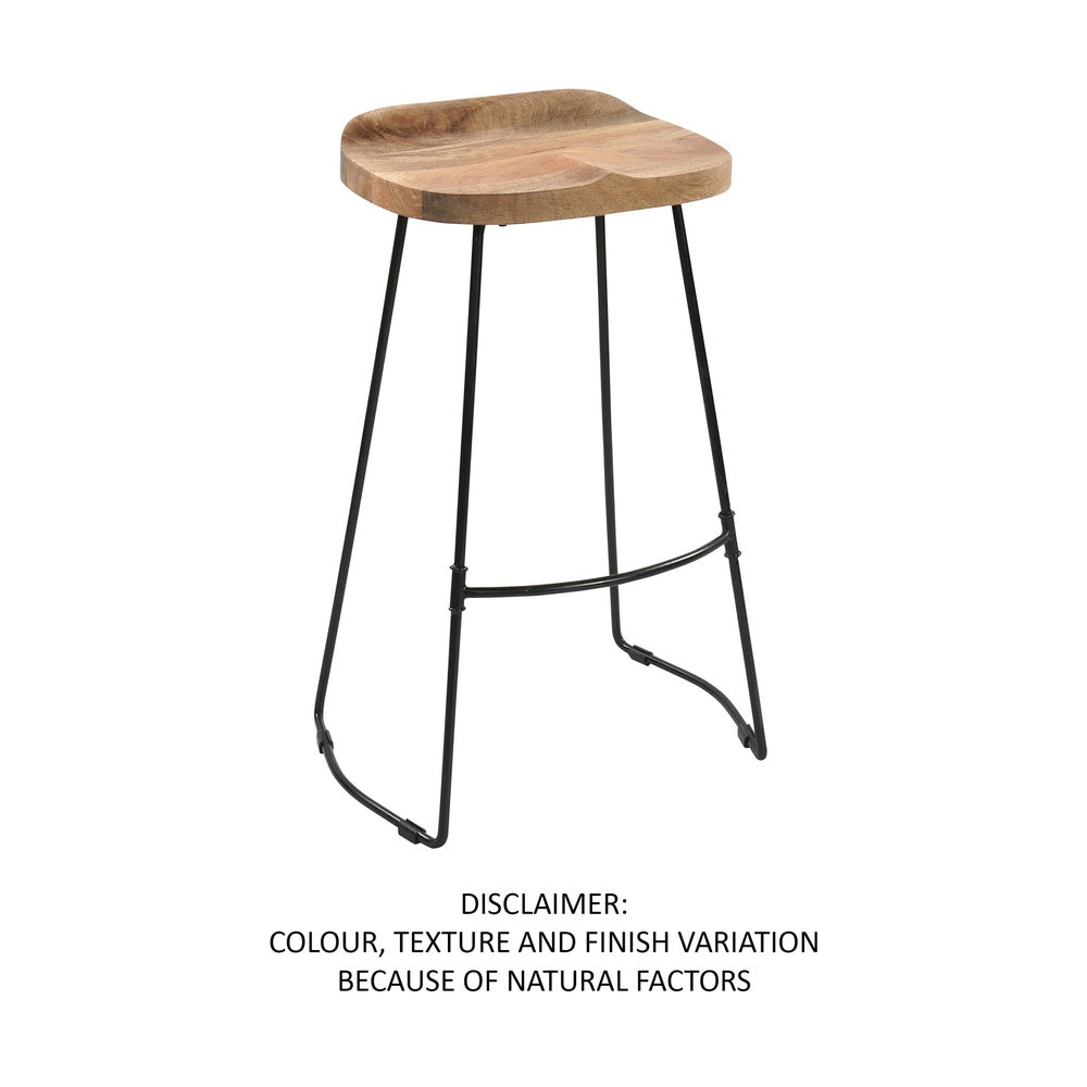 Tiva 30 Inch Handcrafted Backless Barstool, Natural Brown Mango Wood Saddle Seat, Black Metal BaseBy The Urban Port