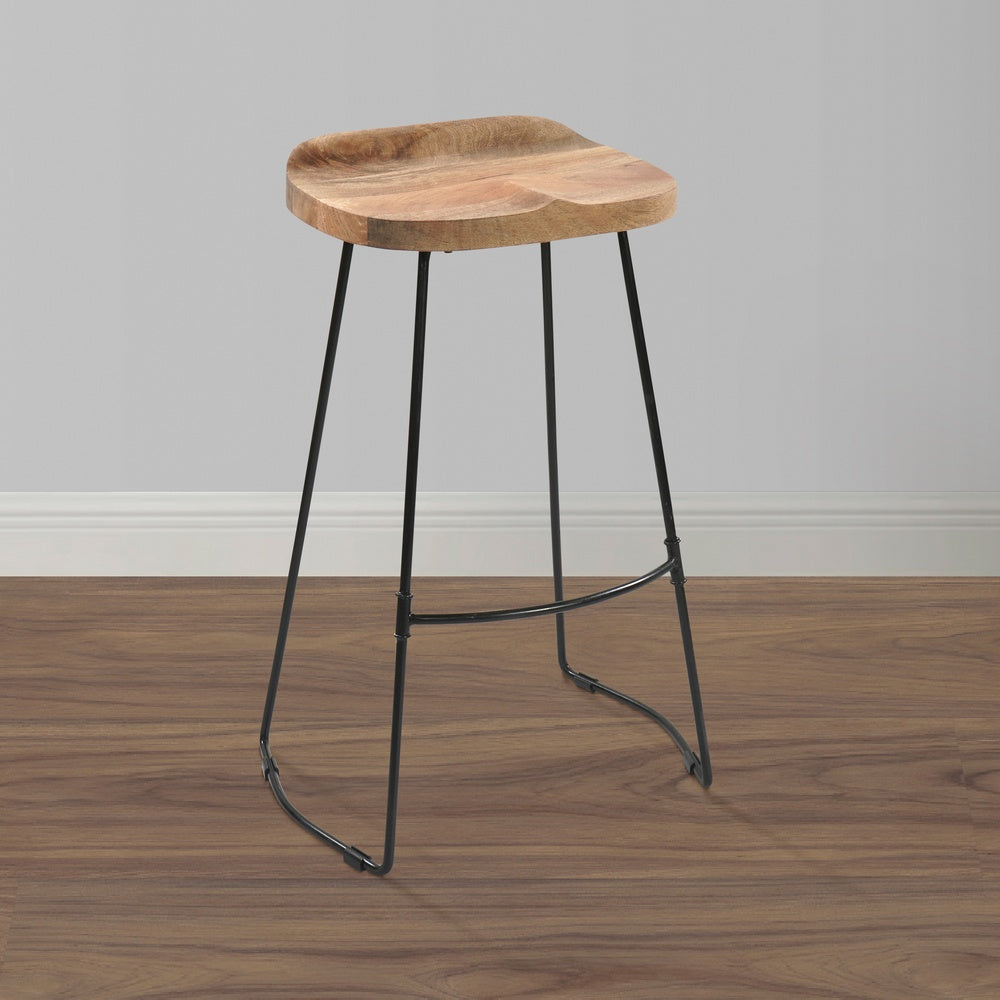 Tiva 30 Inch Handcrafted Backless Barstool, Natural Brown Mango Wood Saddle Seat, Black Metal BaseBy The Urban Port